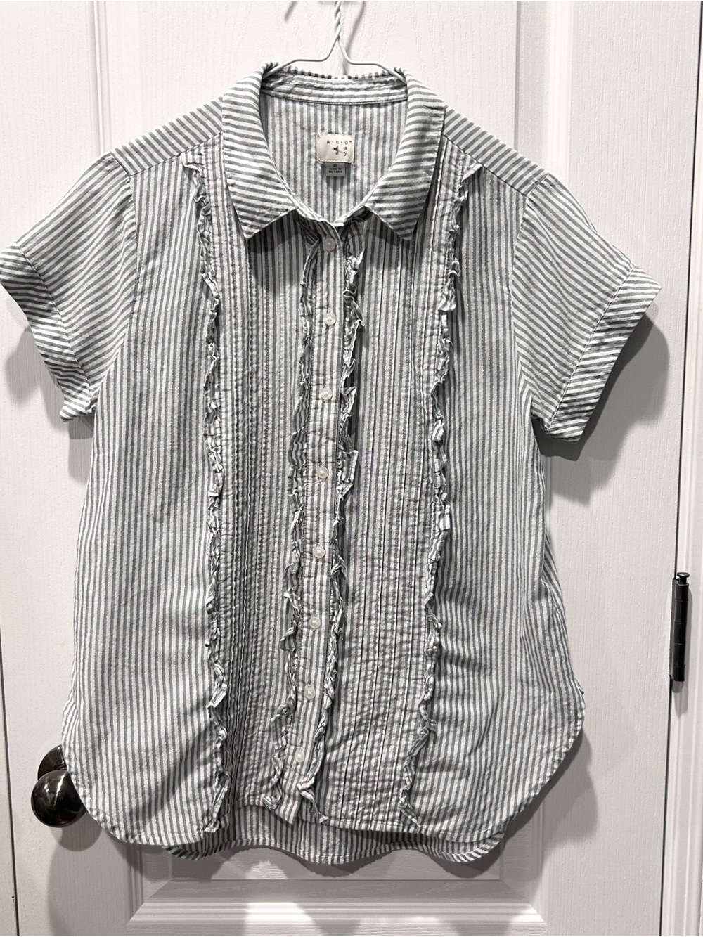 A New Day Striped Ruffle Front Blouse S Gray Metallic Shimmer Short Sleeve Top